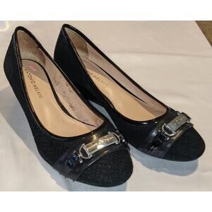 Antonio Melani Womens Black Embossed Suede Snakeskin Slip-on Wedge Heels Sz 7.5M